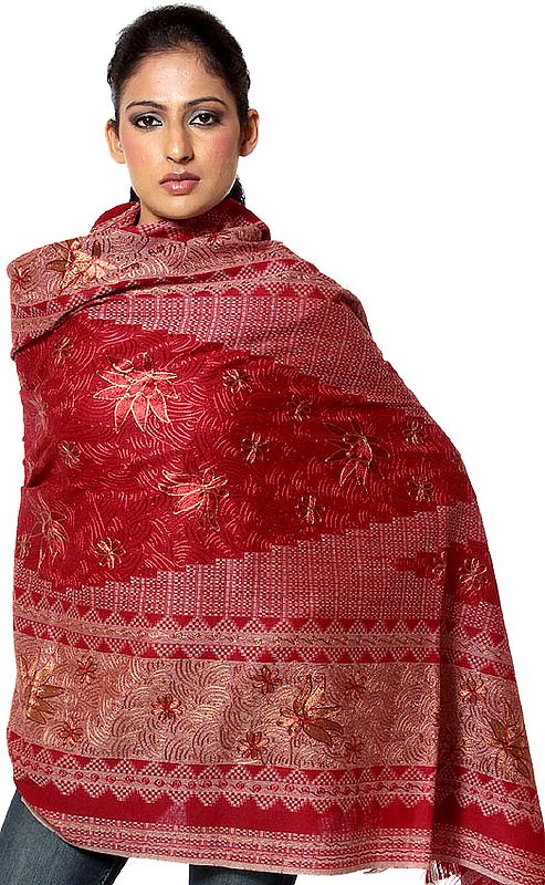 Maroon Chamba Shawl with Crewel Embroidery All-Over