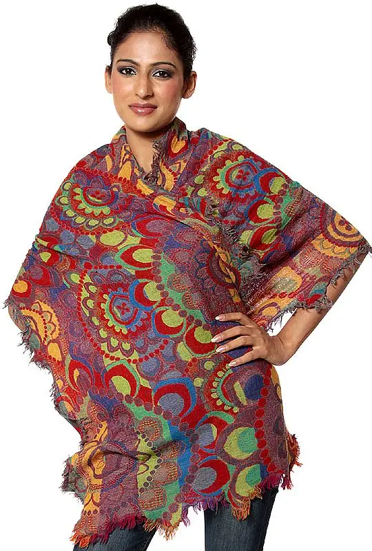 Multi-Color Boiled-Wool Stole Fringed on All Sides