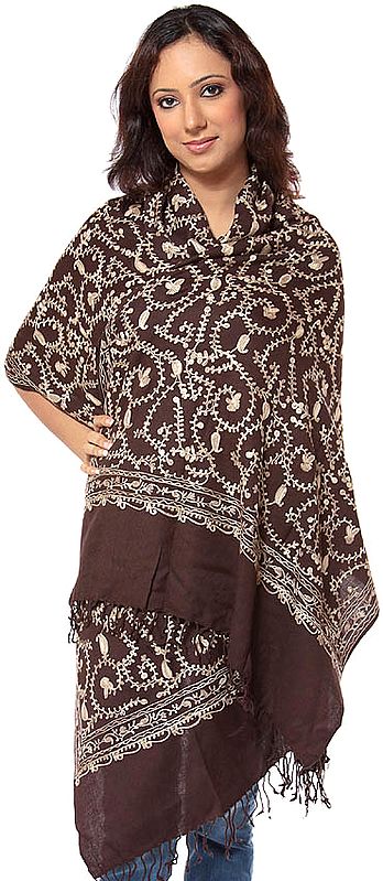 Dark-Brown Stole with Aari Embroidered Paisleys All-Over