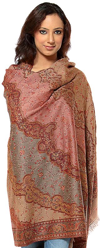Tri-Color Jamawar Shawl with Needle Embroidery by Hand