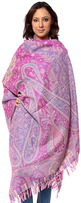 Magenta Reversible Jamawar Shawl with All-Over Weave