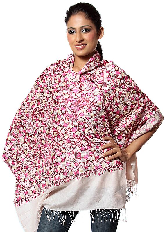 Peach  Jamdani Stole from Kashmir with Multi-Color Aari Embroidery in Silk Thread