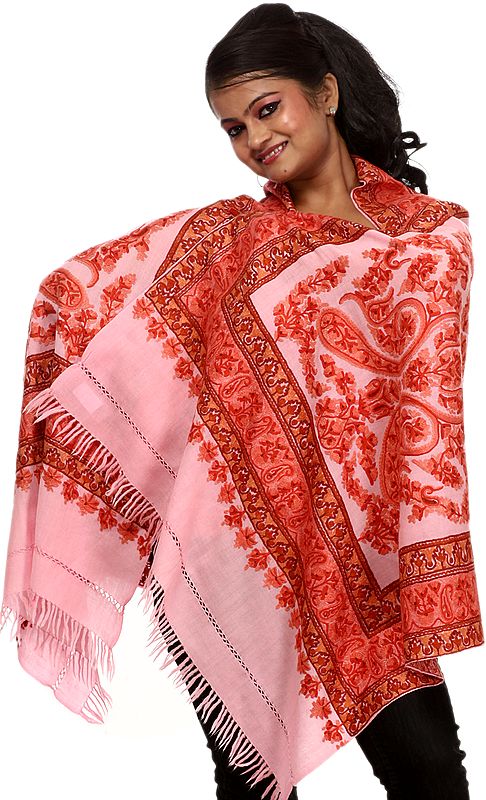 Shell-Pink Kashmiri Stole with Hand Embroidered Flowers and Paisleys All-Over