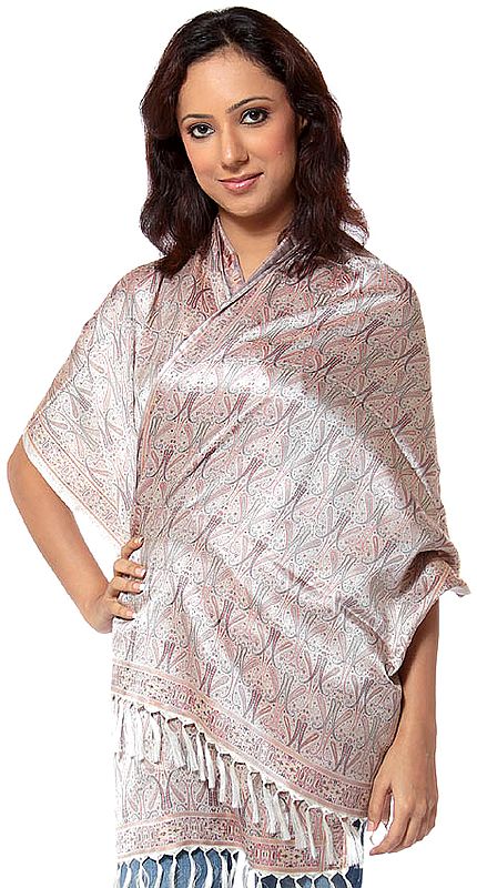 Ivory Tehra Banarasi Stole Hand-Woven with All-Over Paisleys