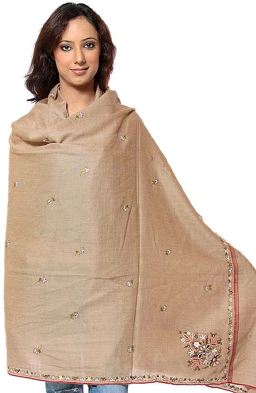 Khaki Chamba Shawl with Crewel Embroidery All-Over