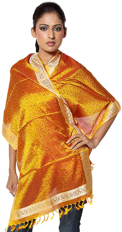 Saffron Banarasi Hand-Woven Stole with All-Over Tanchoi Weave