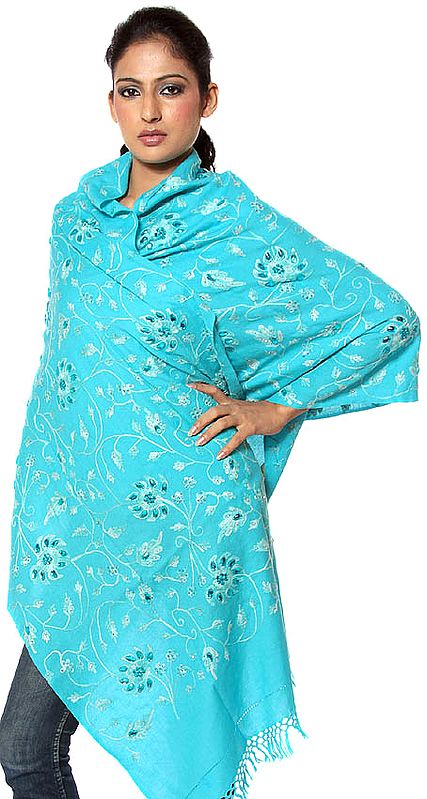 Robin-Egg Blue Crewel Embroidered Stole with Crystals and Sequins