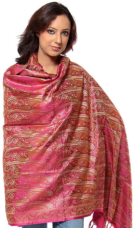 Magenta Stylized Paisley Banarasi Shawl with All-Over Weave