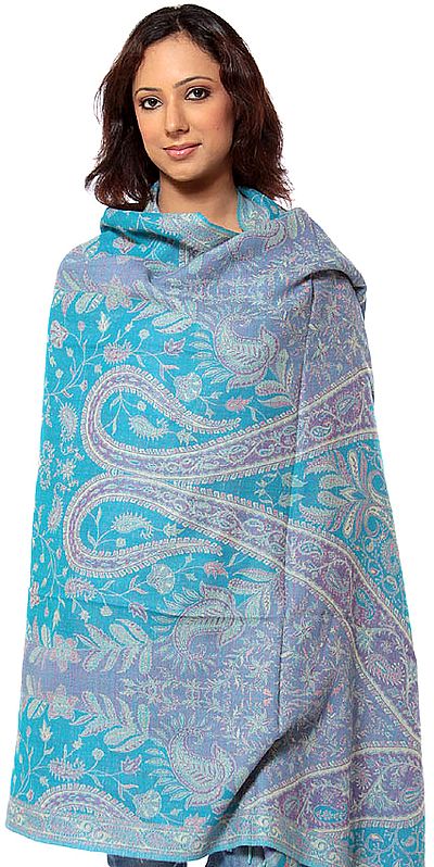 Turquoise and Lilac Reversible Jamawar Shawl with All-Over Weave