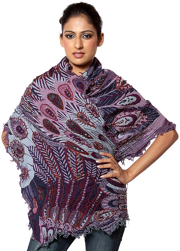 Purple Boiled-Wool Stole Fringed on All Sides with Threadwork