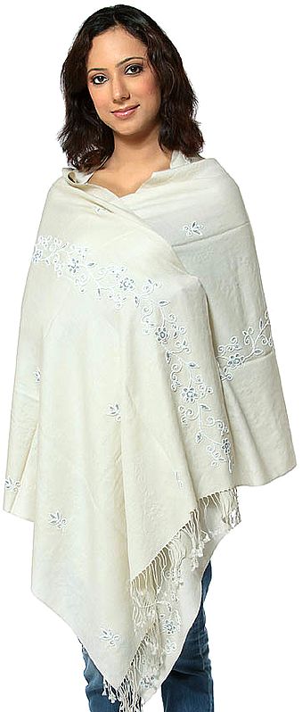 Ivory Silk-Pashmina Stole from Nepal with Embroidered Beads and Sequins