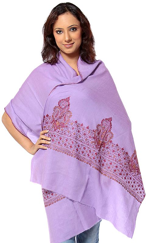 Lilac Tusha Stole with Hand-Embroidered Paisleys on Border