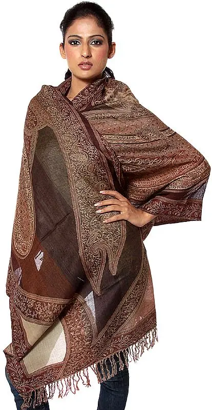 Brown Jamawar Stole with Woven Paisleys