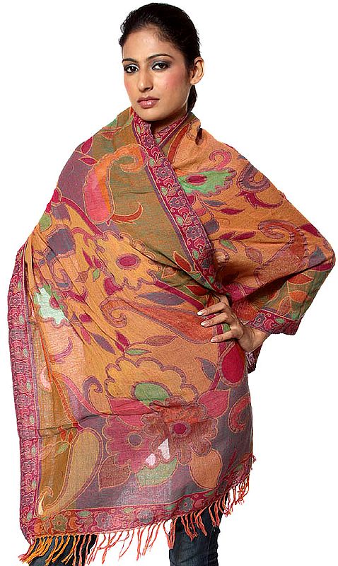 Multi-Color Jamawar Stole with Woven Flowers and Paisleys