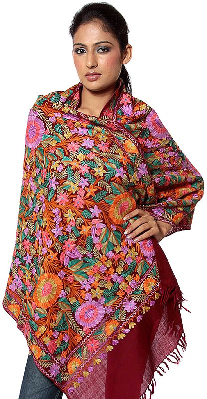 Dark-Maroon Jamdani Shawl from Kashmir with Large Embroidered Flowers