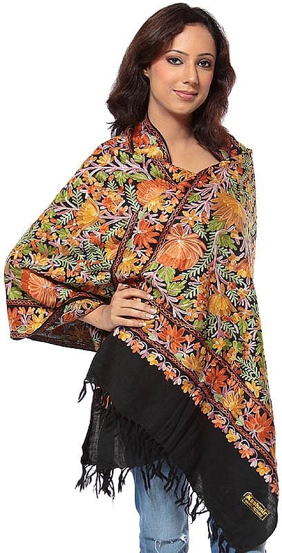 Black Jamdani Stole from Kashmir with Multi-Color Embroidered Flowers