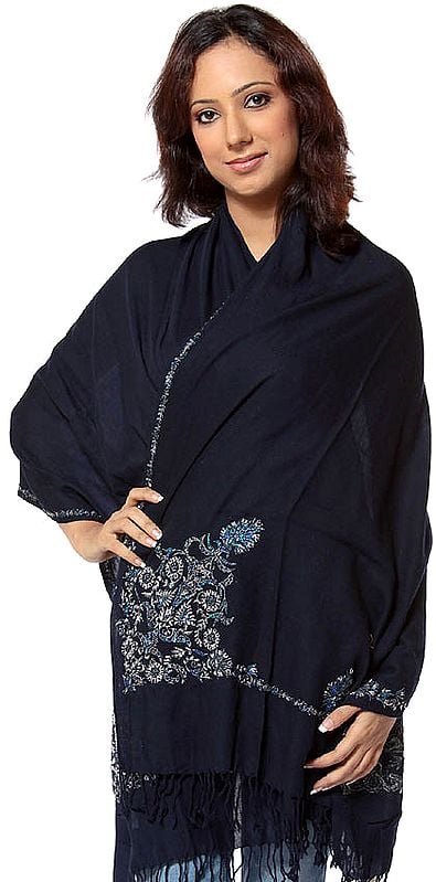 Midnight-Blue Aari Embroidered Stole with Antique Embroidery