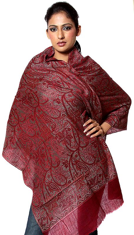 Red Double-Sided Cashmere Stole with Woven Paisleys