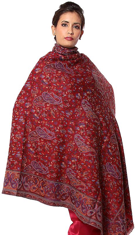 Red Kani Jamawar Shawl with Woven Paisleys in Multi-Color Thread