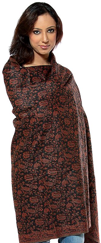 Black and Rust Reversible Jamawar Shawl with All-Over Weave