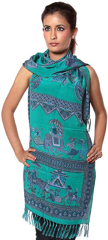 Sea-Green Scarf with Printed Procession