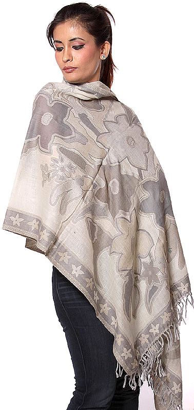 Gray and Ivory Jamawar Stole with Woven Flowers