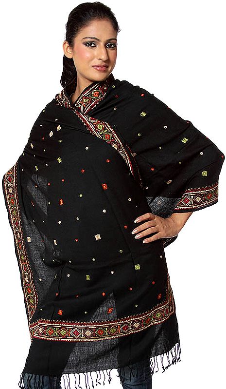 Black Kullu Stole with Crewel Embroidery and Mirrors