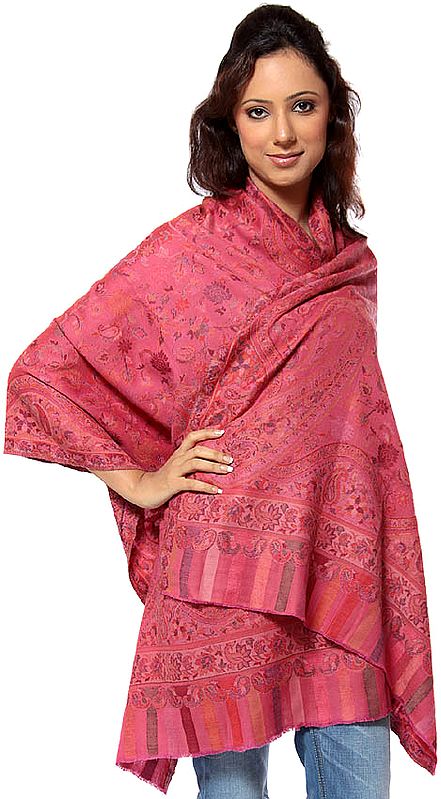Dark-Pink Kani Stole with Woven Paisleys All-Over