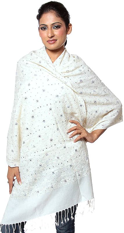 Winter-White Aari Embroidered Stole with Sequins and Beads