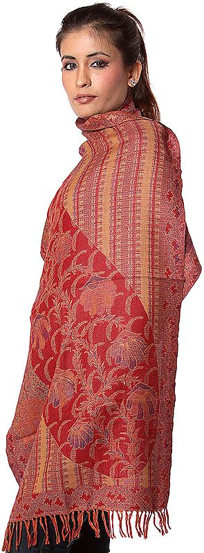 Red and Beige Reversible Jamawar Stole with Woven Flowers