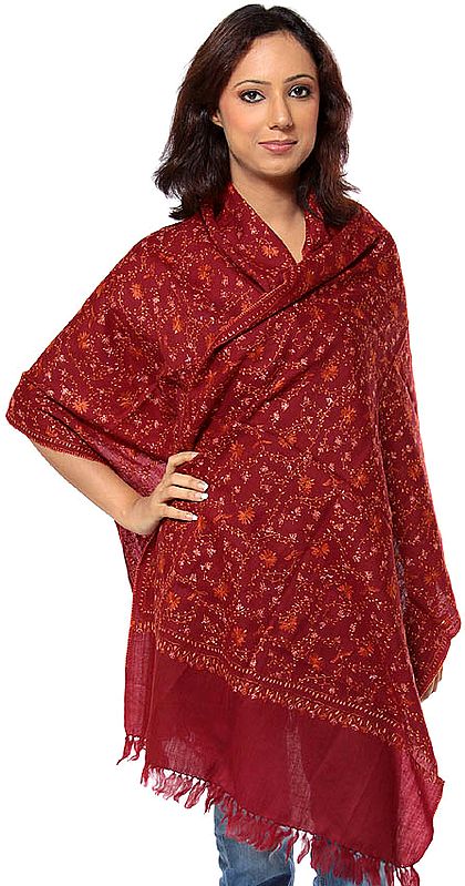 Dark-Maroon Tusha Stole Hand-Embroidered All-Over in Kashmir