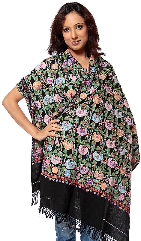 Black Aari Stole with Multi-Color Floral Embroidery All-Over