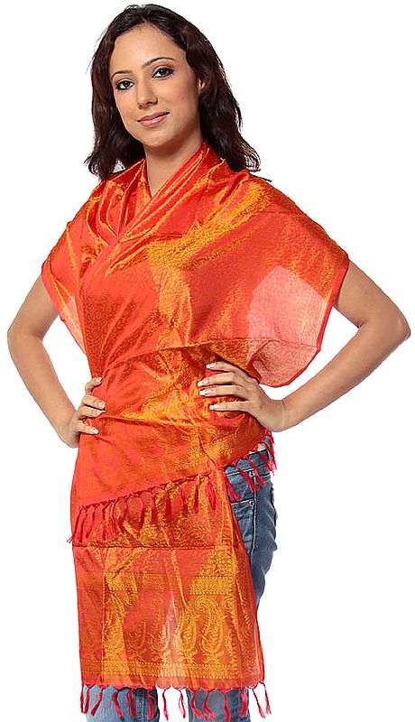 Orange Banarasi Scarf with Tanchoi Weave in Green Thread