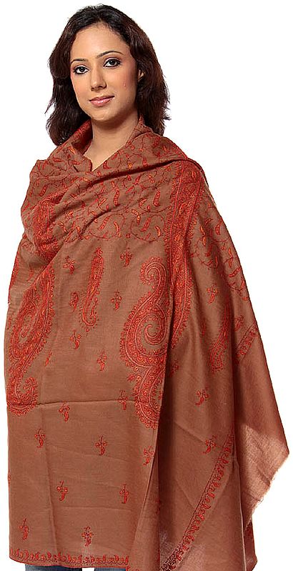 Sepia Tusha Shawl with All-Over Sozni Embroidery by Hand