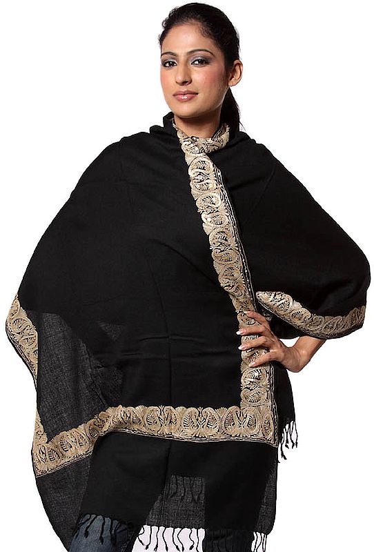 Plain Black Stole with Embroidered Border in Golden Thread and Sequins