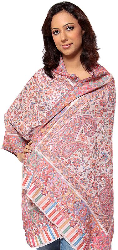 Powder-Pink Kani Stole with Woven Paisleys in Multi-Color Threads