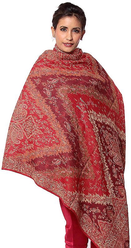 Red and Maroon Reversible Jamawar Shawl with All-Over Weave