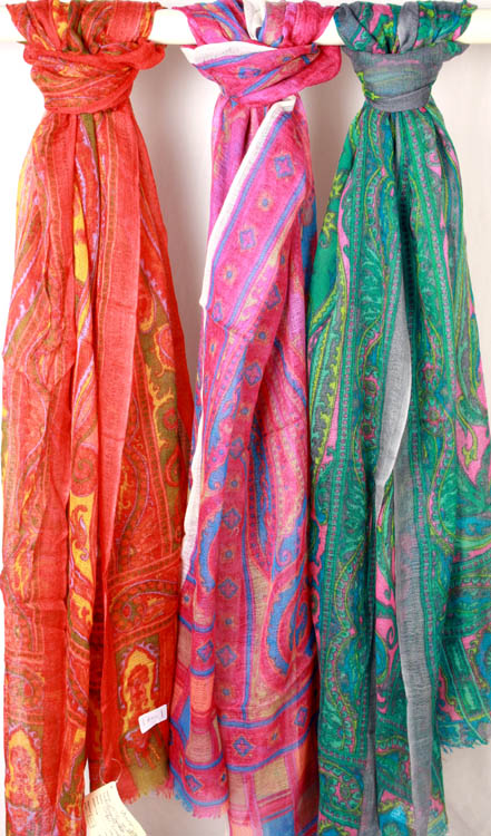 Lot of Three Superfine-Wool Stoles with Printed Paisleys