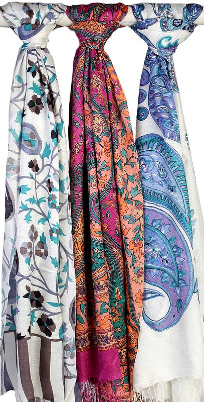 Lot of Three Stoles with Multi-Color Kani Print