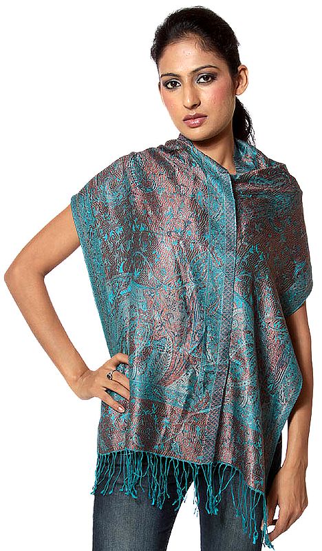 Turquoise and Rust Reversible Jamawar Scarf with All-Over Woven Paisleys