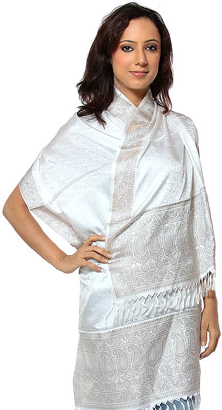Ivory Banarasi Hand-Woven Stole with All-Over Tanchoi Weave