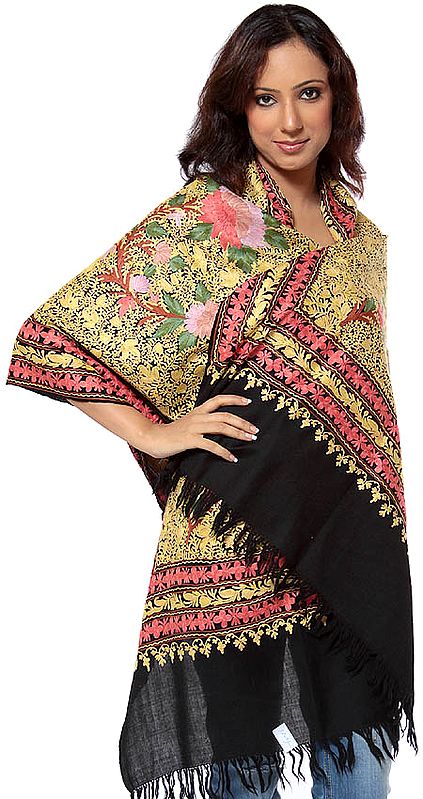 Black Jamdani Stole from Kashmir with Dense Foliage Embroidered All-Over