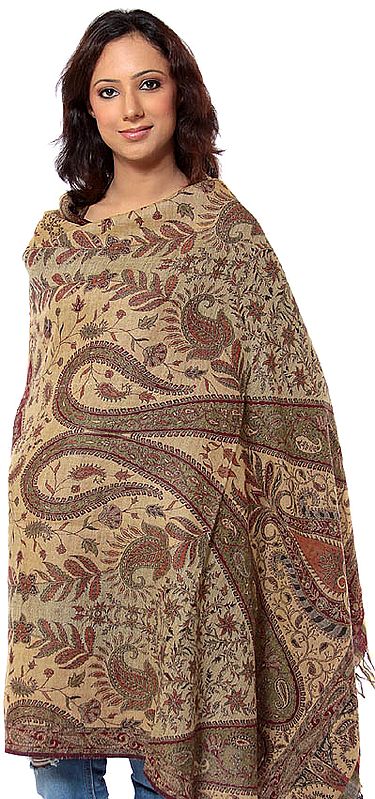 Beige and Red Reversible Jamawar Shawl with All-Over Woven Paisleys
