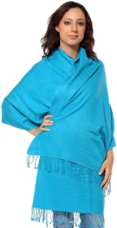 Azure-Blue Silk-Pashmina Shawl from Nepal