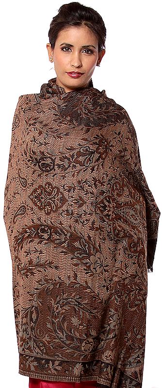 Black and Brown Reversible Jamawar Shawl with All-Over Woven Paisleys
