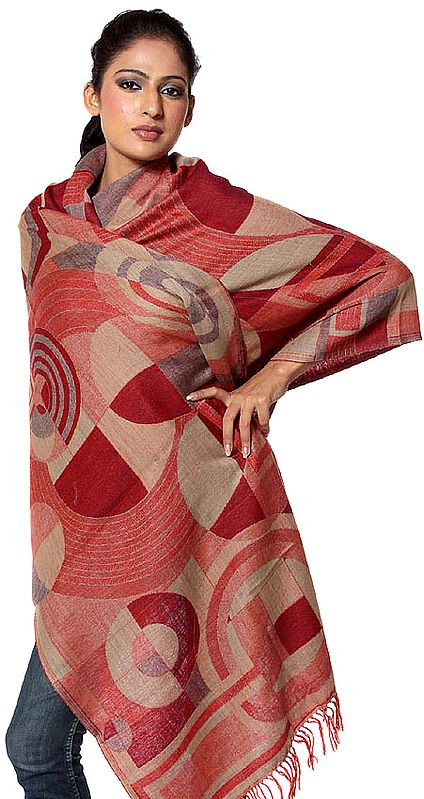 Red and Beige Jamawar Stole with Woven Circles
