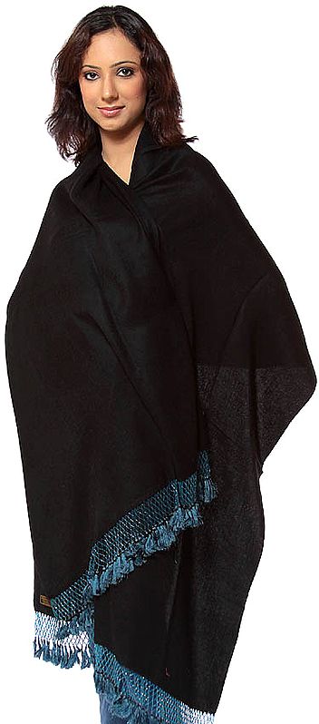Black Silk-Pashmina Stole from Nepal with Embroidered Beads on Fringes