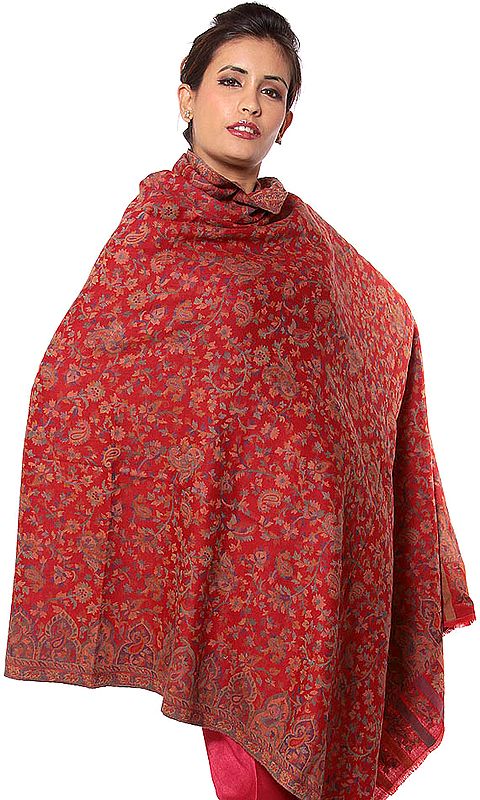Red Kani Shawl with Densely Woven Flowers in Multi-Color Threads