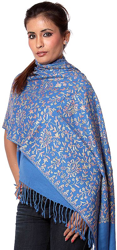 Royal-Blue Stole with Aari Embroidery All-Over