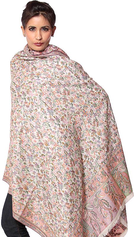Ivory Kani Shawl with Densely Woven Flowers in Multi-Color Threads